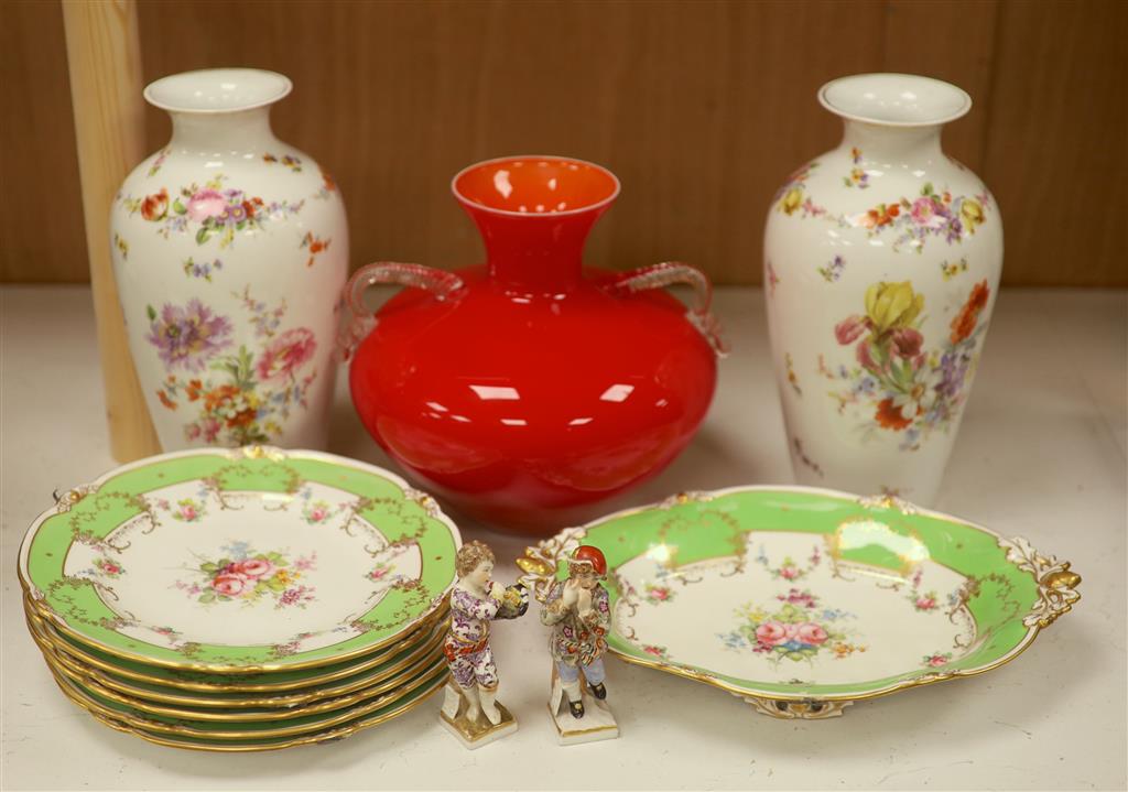 Royal Crown Derby 7 piece part dinner service, pair Continental porcelain figures, a pair of vases & glass vase